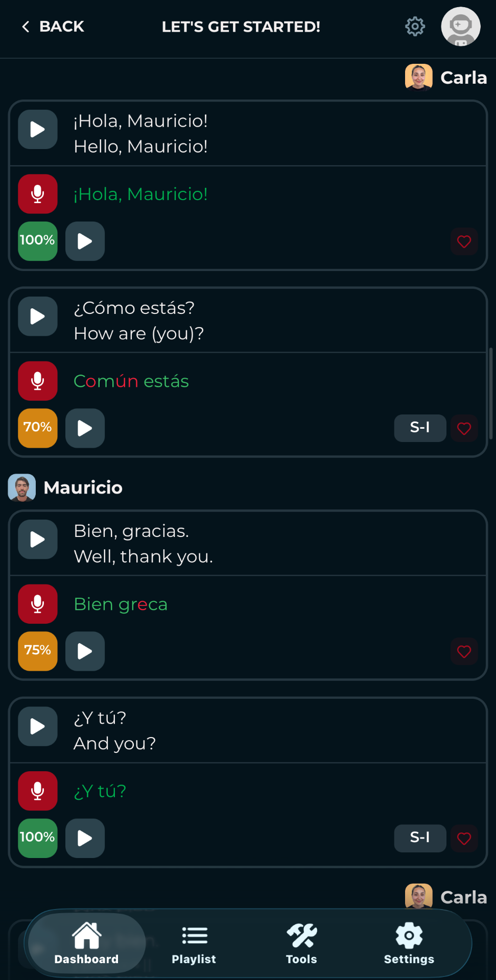 Rocket Languages lesson screen showing a recorded learner phrase compared side by side with a native speaker phrase